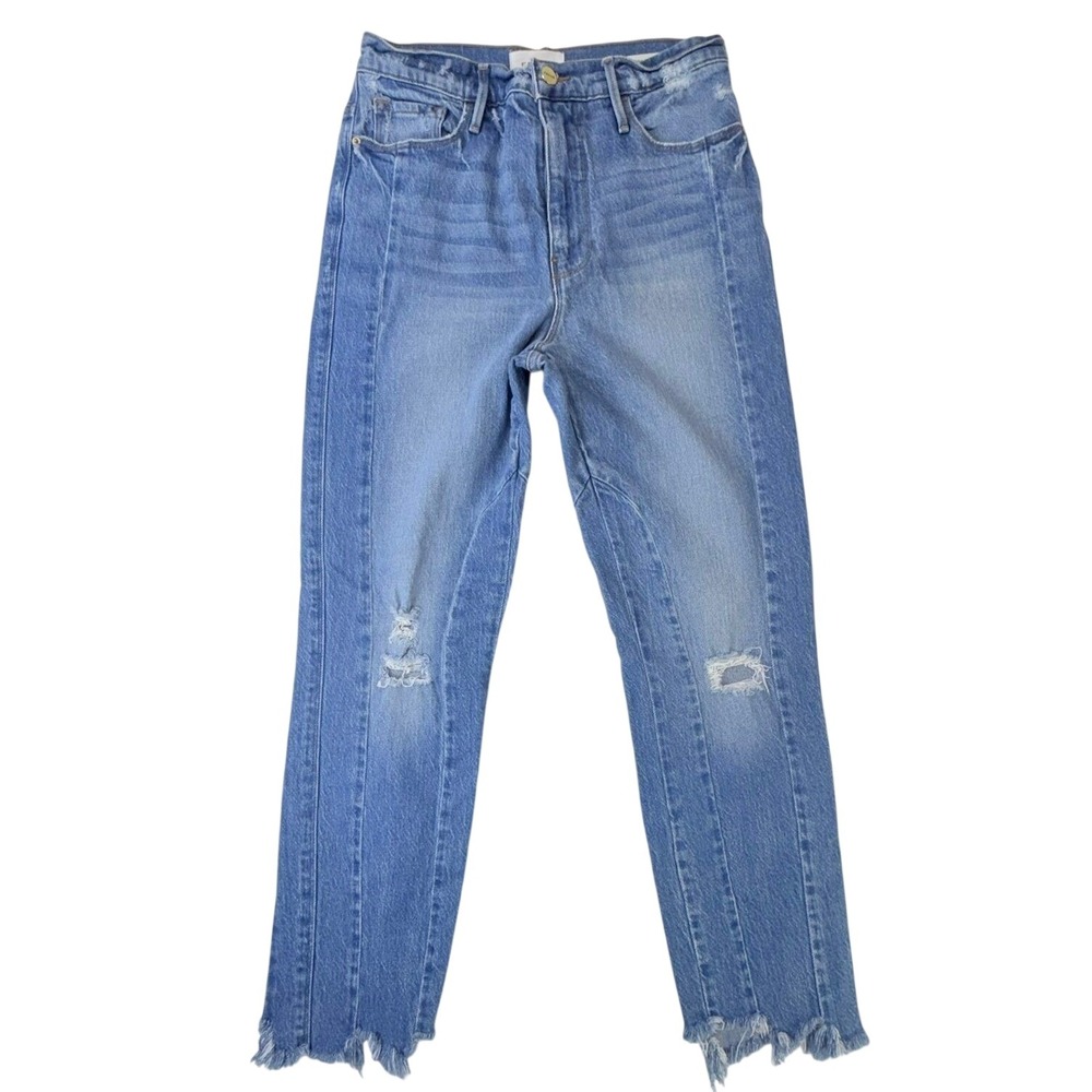 FRAME Le Sylvie Slender Straight Panelled Jeans 29 Blue High Rise Distressed